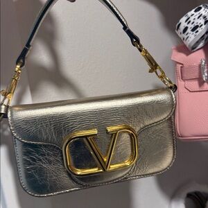 Valentino Garavani Metallic Silver Top Handle Bag Gold Hardware Logo
